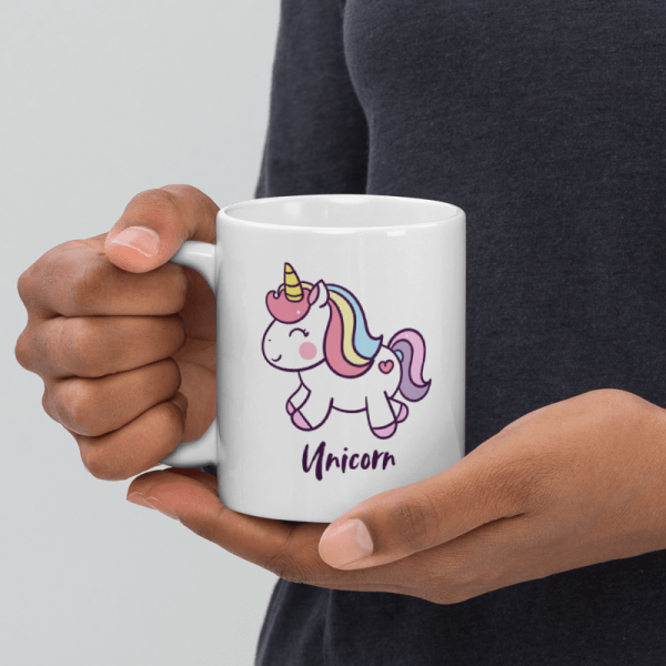 magical unicorn mug with rainbow mane and gold horn