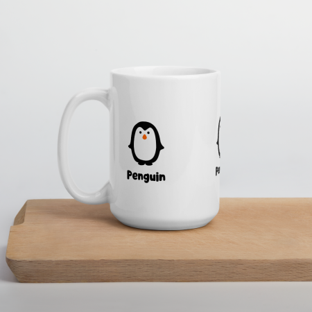 Minimalist Penguin Mug hero product shot on wooden cutting board