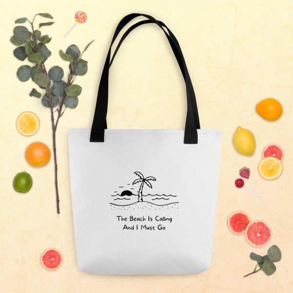 beach is calling tote with minimalist palm tree and quote