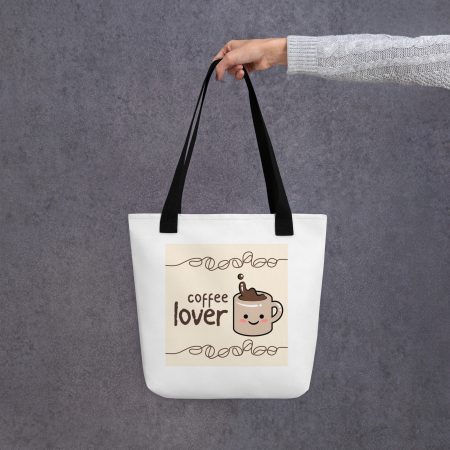 coffee lover cutie tote with smiling kawaii coffee mug and scroll design