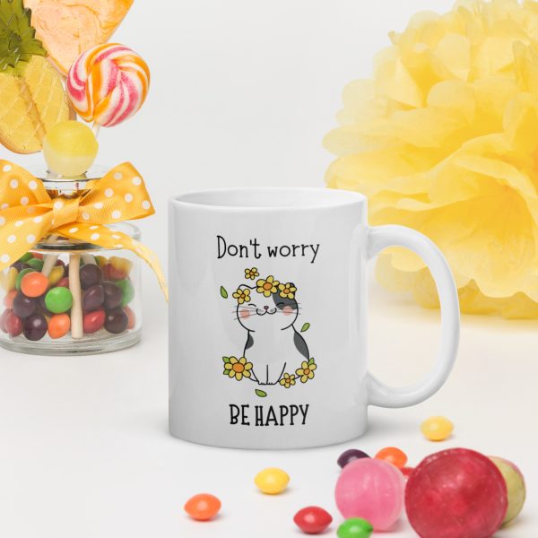 happy cat mug with flower crown and don’t worry message