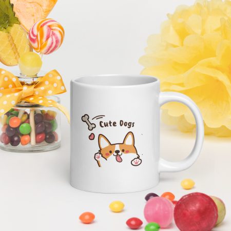 corgi coffee mug with cartoon pup and paw prints